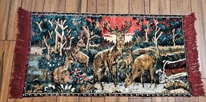 Vintage Tapestry Rug Wall Hanging Deer Woods Sunset Cabin Lodge Velveteen 19x37 - Picture 1 of 5