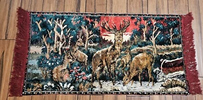 Vintage Tapestry Rug Wall Hanging Deer Woods Sunset Cabin Lodge Velveteen 19x37 - Image 1 of 4