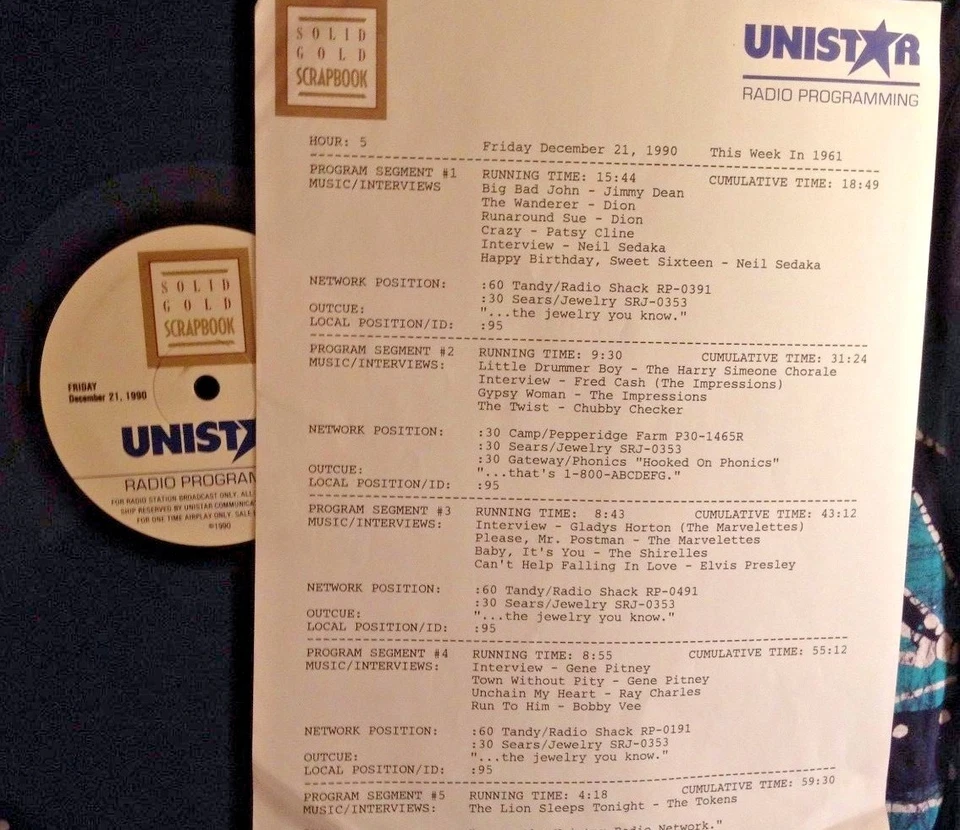 RADIO SHOW 12/21/90 THIS WK 61: JIMMY DEAN, DION, PATSY CLINE,NEIL SEDAKA,TOKENS - Image 1 of 1