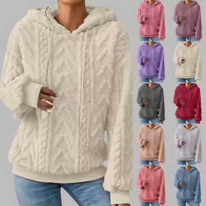 Womens Solid Knitted Long Sleeve Hooded Hoodies Ladies Casual Thermal Blouse Top - Picture 1 of 21