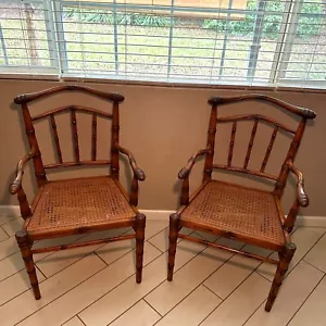 Set of 2, 1960s Vintage Carved Faux Bamboo and Cane Chairs - Picture 1 of 9