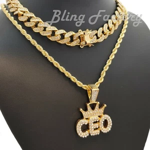 Hip Hop Gold PT Crowned CEO w/ 24" Rope Chain & 18" Iced Cuban Necklace Set - Picture 1 of 8