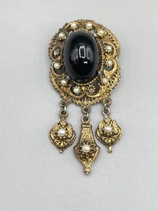 Spilla etrusca vittoriana vintage costume gioielli perle pendenti tono oro 3 pollici - Foto 1 di 7