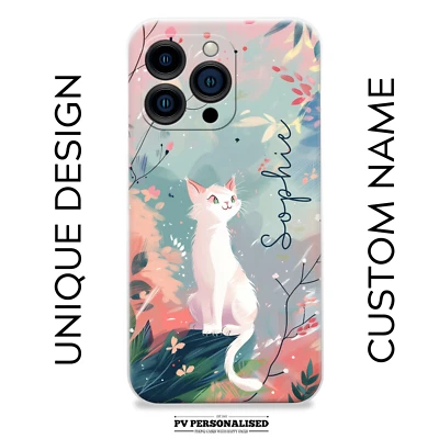 Personalised Phone Case Custom Name Cute Cat Silicone Cover For iPhone&Samsung - Image 1 of 4