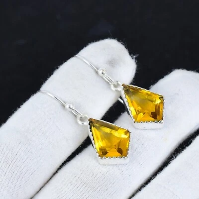 Citrine Gemstone Handmade 925 Sterling Silver Hoop Earring Jewelry Gift For Her - Image 1 of 4