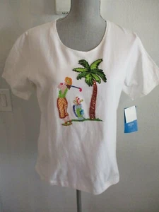 CAMISA/TOP DE GOLF BLANCA MEDIANA CON CONEXIÓN DE ALGODÓN NUEVA CON ETIQUETAS con escena de golf con cuentas - Imagen 1 de 11