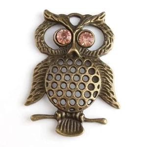 Vintage Bronze Beautiful Owl Alloy Pendant Orange Rhinestone - Picture 1 of 3
