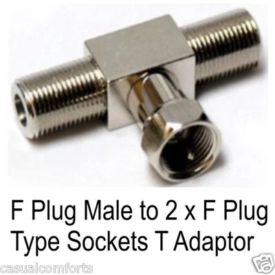 F PLUG TO 2 X F SOCKETS RF TV SAT. SKY NTL COAXIAL CABLE SPLITTER/JOINER/ADAPTOR - Image 1 of 4
