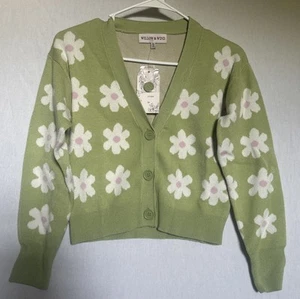 Willow and Wind Floral Cardigan Light Green White Pink V-Neck Long Sleeve XS - Picture 1 of 5