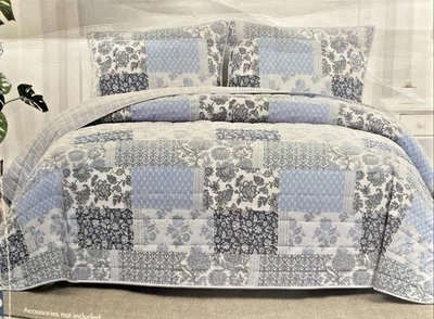 Juego de edredón de algodón Caro Home de 3 piezas - azul retazos - tamaño queen 96x90 pulgadas Foto 1 de 4