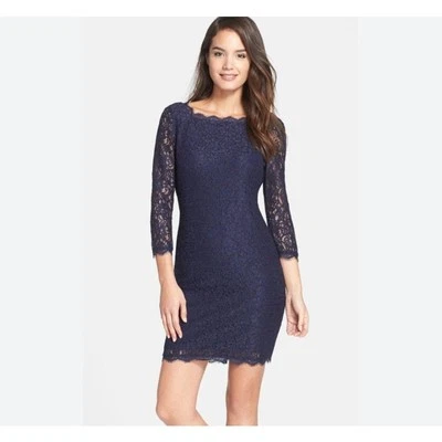 Adrianna Papell Lace Scalloped Sheath Dress Dark Blue Size 4 - Image 1 of 4