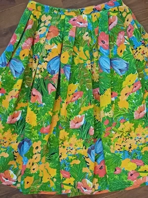 Handmade Vintage Skirt Bright Floral Poppy & Tulip Print A-Line Midi Size UK 8 - Image 1 of 4