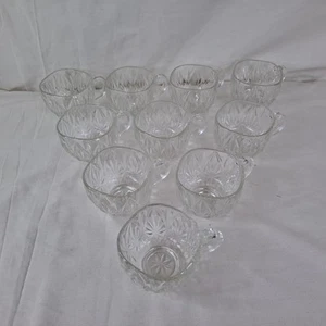 Vintage Glass Punch Bowl Spare Replacement Mugs Cups x 10 Pressed Glass - Picture 1 of 19