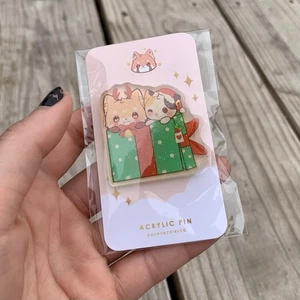 Fox And Cat Christmas Present Enamel Pin  - Picture 1 of 4
