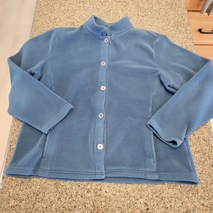 Vtg LL Bean Women's Button Up Jacket Large Blue Fleece Pockets Light Sherpa EUC - Picture 1 of 14