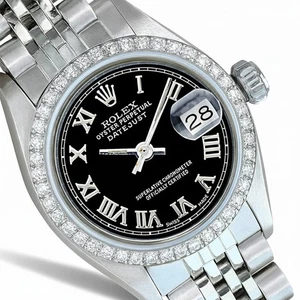 Orologio Rolex Datejust acciaio inox quadrante nero numeri romani lunetta diamantata - Foto 1 di 23