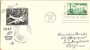First Day of Issue For Air Mail 15 Cent Stamp Aug. 20, 1947 Mail Cover FDC - Picture 1 of 1