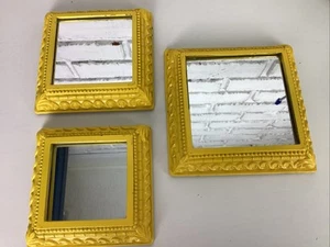 Set Of 3 Small Accent Mirrors Vintage Ornate Yellow Square Wall Decor 5" 6" 7" - Picture 1 of 12