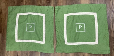 Pottery Barn Linen Throw Pillow Covers Zip Green 20 X 20 Monogram "P" Set 2 - Image 1 of 4