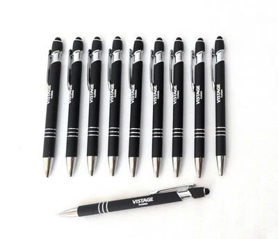 ALPHA METAL 10ct Lot Misprint Metal Retractable BLACK Alpha Soft Touch Stylus Pens: BLUE INK