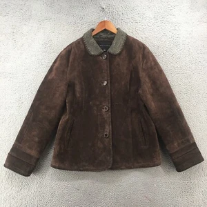 Gallery Fleece Jacket Womens XL Brown Leather Button Up Long Sleeves Casual - Picture 1 of 20