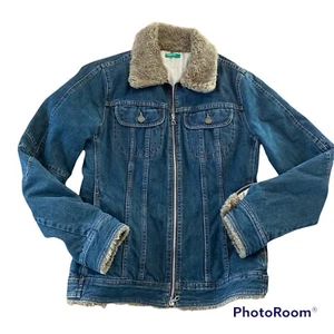 United Colors of Benetton Zip Jeansjacke Medium Kunstfellkragen Made In Italy - Bild 1 von 8