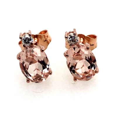 Natural Oval Peach Morganite & Diamond Stud Earrings 14K Rose Gold 2.22Ct - Image 1 of 4