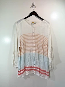 C&C California Womens Linen Blouse Size 2X Button Up Multicolor Lagenlook Beachy - Picture 1 of 7