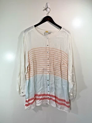 C&C California Womens Linen Blouse Size 2X Button Up Multicolor Lagenlook Beachy - Image 1 of 4