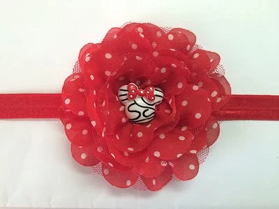 Cute!!!!! Red Minnie Mouse Baby Girl Elastic Headband Flower Hair Bow. - Image 1 of 2