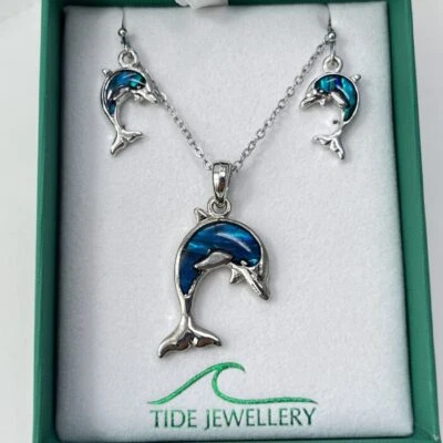 Paua Cáscara Collar de Delfín Pendientes Colgantes Set Abulón Marea Joyería Caja de Regalo Foto 1 de 4