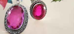 SET 925 Sterling Silber HANDARBEIT rosa Chalzedon OVAL RINGGRÖSSE 7 / ANHÄNGER 60x43 - Bild 1 von 10