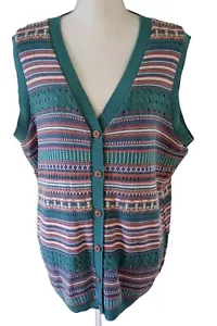 Maglione Y2K gilet bottoni davanti rosa verde righe donna grande preppy - Foto 1 di 6