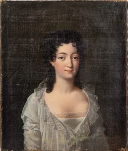 18th Century German Portrait, Noble Lady with Black Curls in White Lace Negligee - Picture 1 of 7