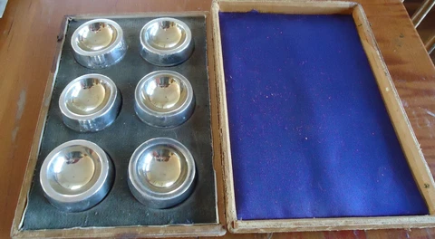 Antique set of 6 silver Salt Cellar in Repurposed 1/2 Plate Daguerreotype Case Cover