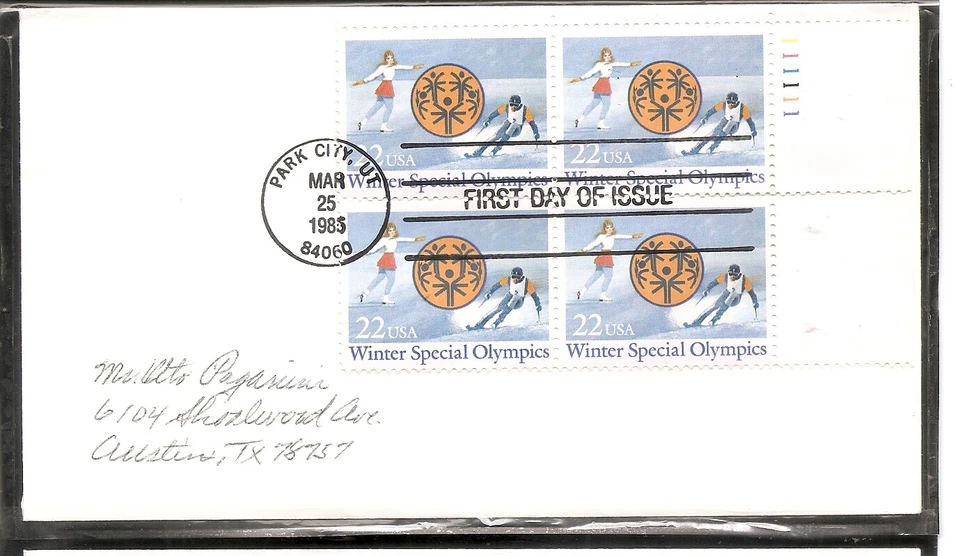 US SC #2142 Winter Special Olympics FDC. Block Of 4. No Cachet. 1 - Image 1 of 1