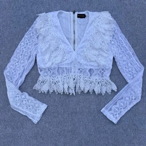 PrettyLittleThing White Lace Long Sleeve Crop Top Size 12 Romantic Boho - Picture 1 of 8