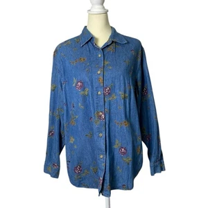 Vintage Zitronengras 100 % Baumwolle Blumenmuster Denim Knopfleiste Top Damengröße Large - Bild 1 von 13