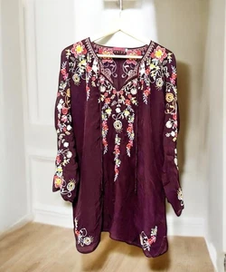 JOHNNY WAS Autumn Purple Embroidered Tunic Top Blouse V-Neck Long Sleeves Large - Picture 1 of 5