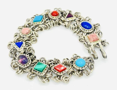 Vintage Stunning Sterling Silver 925 Multi Gemstone Chain Charm Bracelet 7.5” - Image 1 of 4