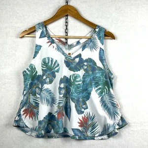 Vitamin Sea Crop Top M geschwungener Saum blau weiß Blumen Baumwollmischung V-Ausschnitt tropisch - Bild 1 von 7