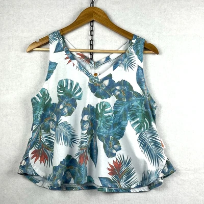 Витамин морской урожай Топ M изогнутый подол синий белый цветочный хлопок смесь v-образным вырезом тропический - Изображение 1 из 4