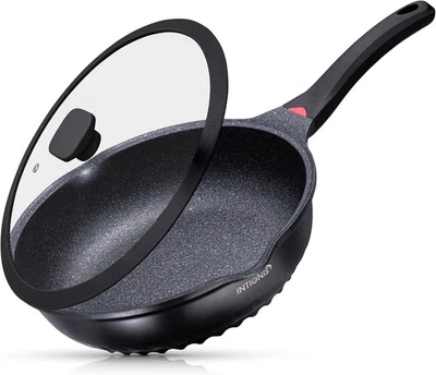 28cm Black Deep Non Stick Frying Pan with Lid  3in1 Skillet Sauté Pan & Mini Wok - Image 1 of 4