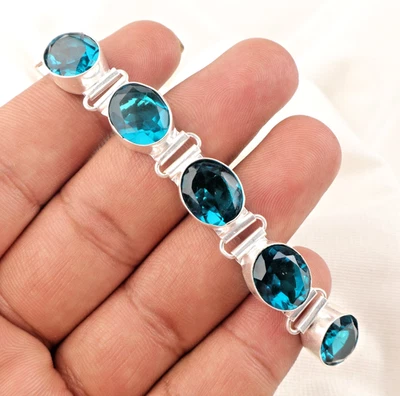 Brazalete de joyería hecha a mano de plata de ley 925 con piedras preciosas de apatita de 8" Foto 1 de 4