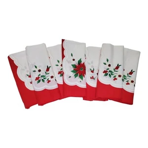 Vtg Christmas Table Linens Set of 7 Scarf Napkins Poinsettia Holly Berry Holiday - Picture 1 of 20