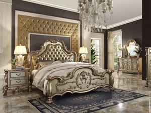 NEW SPECIAL - Traditional Gold Finish 5 piece Queen Faux Leather Bedroom Set AAC - Picture 1 of 5