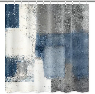 Cortina de Ducha Gris Contemporánea Azul y Gris Pintura Abstracta Interior Blanco  Foto 1 de 4