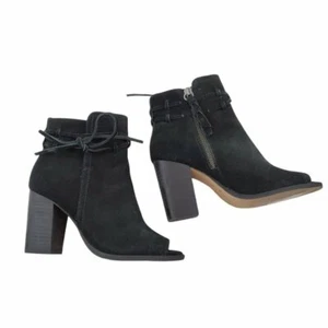 Splendid Rihana Peep Toe Suede Bootie 5.5 Black Tie Bow Fringe Block Heel - Picture 1 of 8