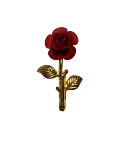 1.5 Inch Vintage Brooch/ Pin Red Rose Flower with Gold Tone Stem Tie Tack Small - Picture 1 of 11