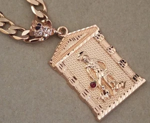 Großes rosérosa vergoldetes Heiliger Lazarus Charm & 30 Zoll 10 mm breite kubanische Kette Set - Bild 1 von 4